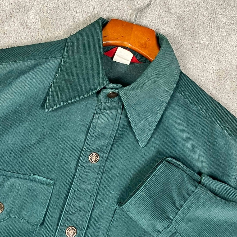 Vintage 70s Sears Corduroy Shirt Mens Green Long Sleeve Pocket Workwear